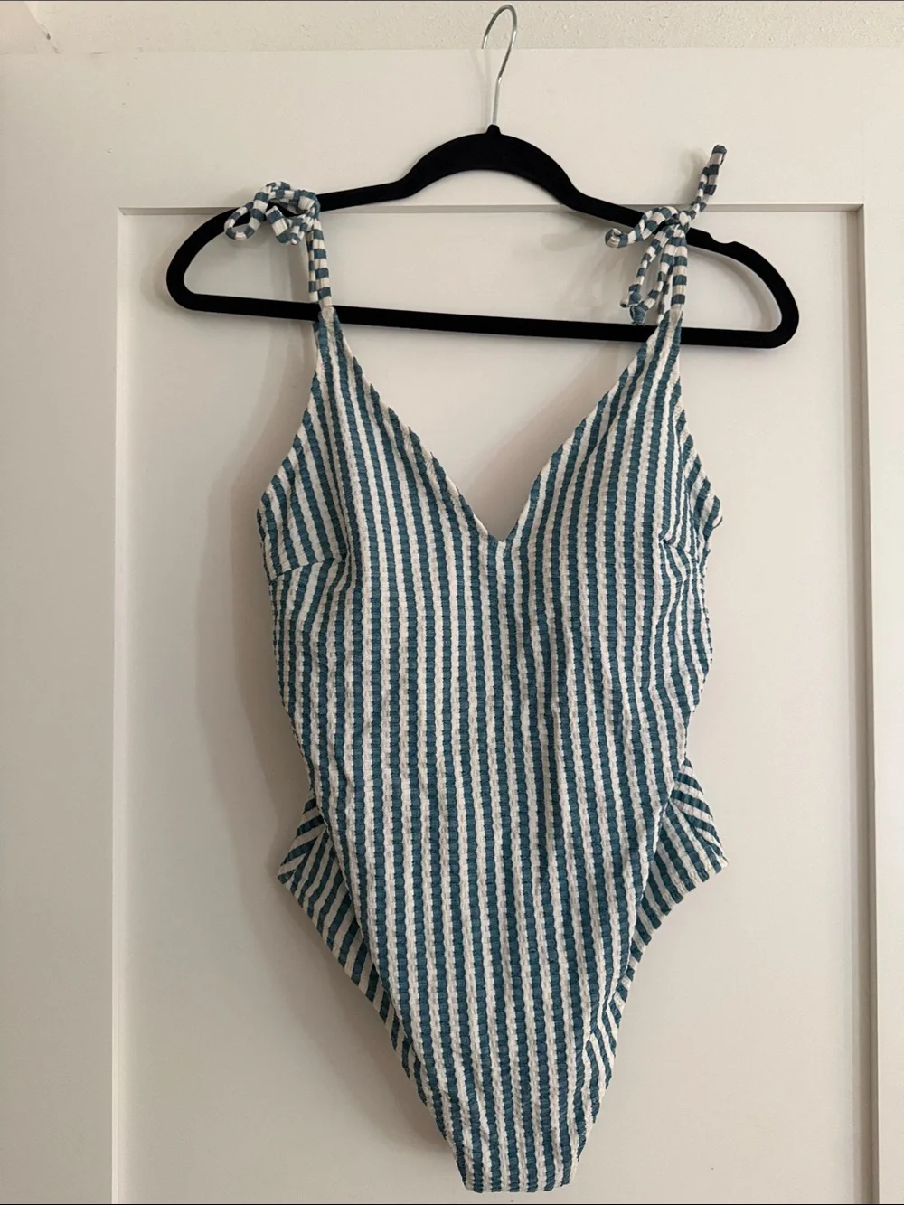 Jessica Simpson Blue and White Striped Tie-Shoulder One-Piece Swim